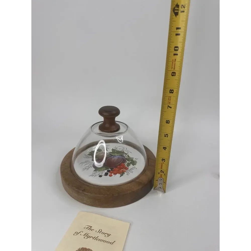 Vintage Wood & Glass Cheese Dome Cloche Set Plums Figs Cranberry Ceramic Insert